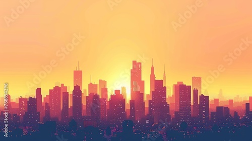 panoramic view of a city skyline at sunset with silhouetted buildings against an autumn-colored sky