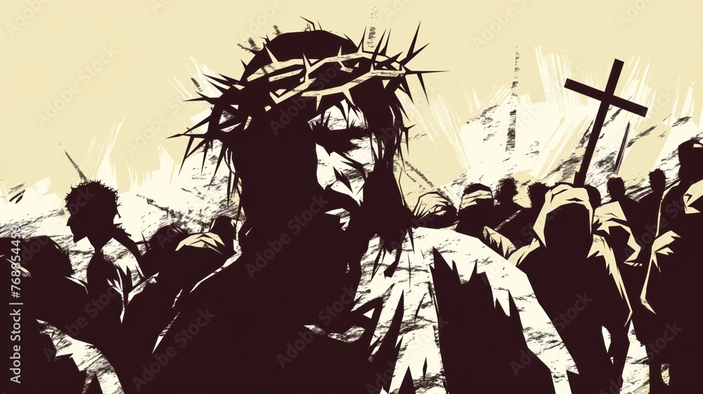 Stylized depiction of Jesus and cross in abstract