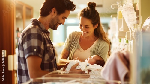 Happy couple with a newborn baby in a hospital
