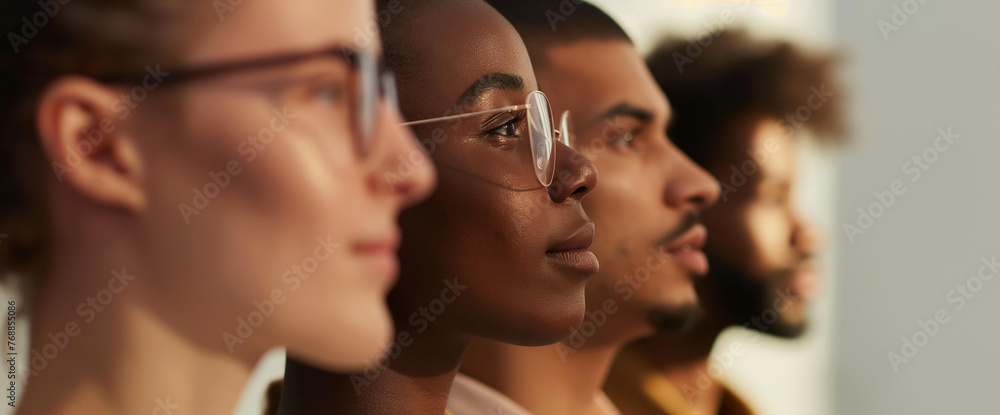 Diverse group of people, different skin colors and gender, standing in a line, profile side view Diverse group of people, different skin colors and gender, standing in a line, profile side view