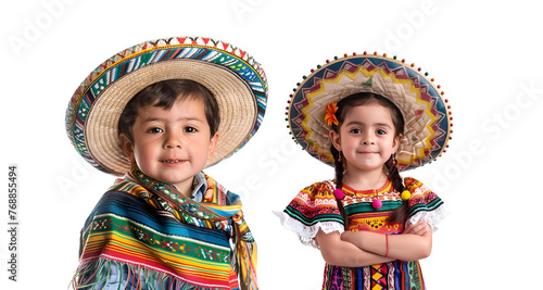 A boy and a girl, set of Mexican children in traditional clothes and hats, celebrating Cinco de Mayo, Isolated on Transparent Background, PNG