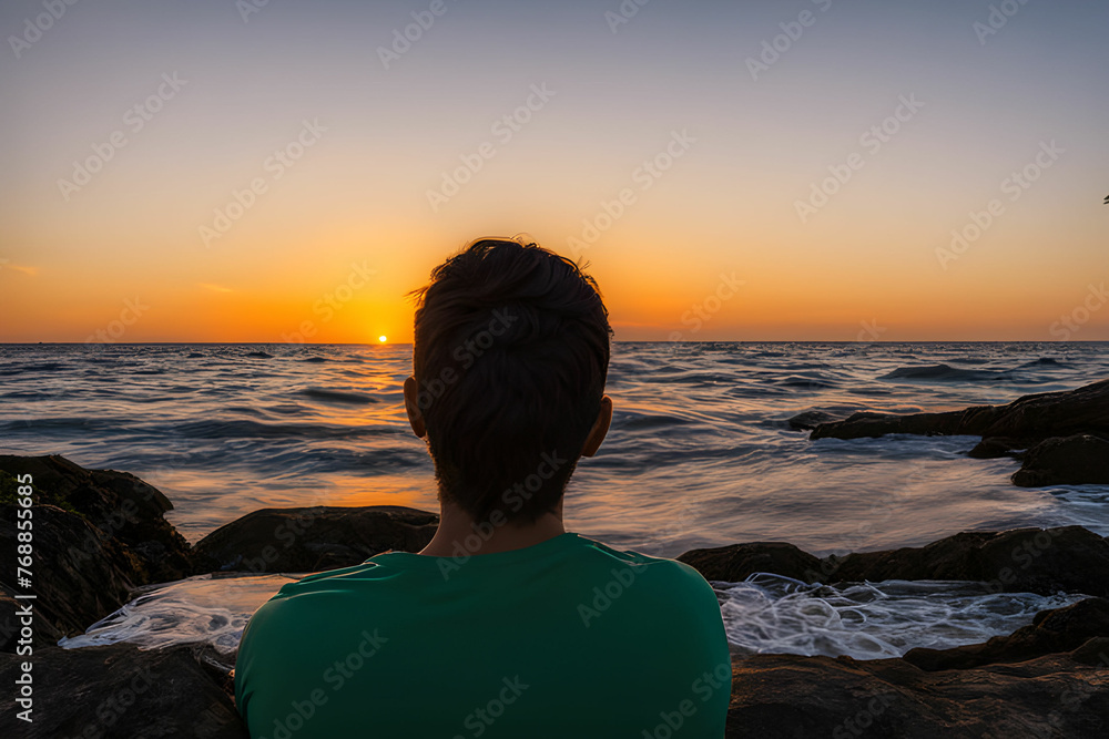 A person immersed in thought while watching the sunset