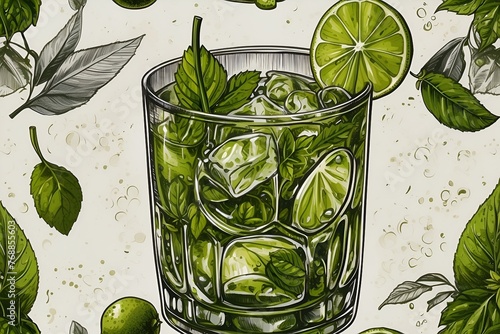 Drawing of Glass of Mojito with ice - alcoholic drink with mint and lime photo