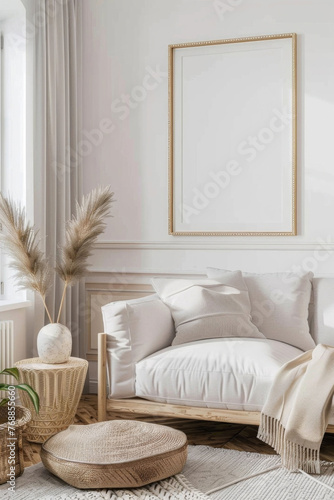 Mock up frame in cozy home interior background, coastal style living room © PixelMocks