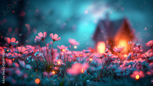 Field of glowing fireflies hovering over a meadow with wildflowers, viewed from below at night, with a cozy cottage and illuminated windows in the bokeh-style background. Wallpaper or background image © NadinMich