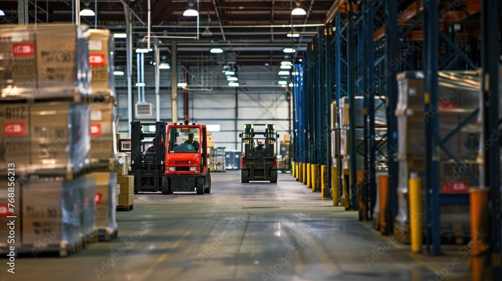 photograph of Forklifts at the Ready: In the delivery center, forklifts stand ready to tackle the heavy lifting, their powerful photograph of Forklifts at the Ready: In the delivery center, forklifts stand ready to tackle the heavy lifting, their powerful