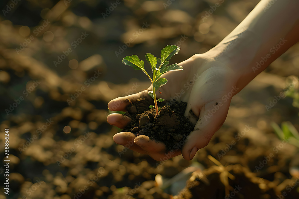 Fototapeta premium Renewable energy concept Earth Day or environment protection Hands protect forests that grow on the ground and help save the world.