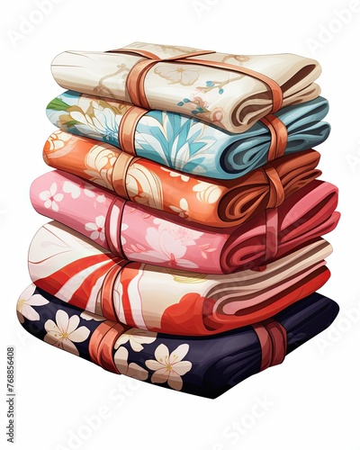 A stack of neatly folded Japanese kimonos, white background. , cute style, illustration style