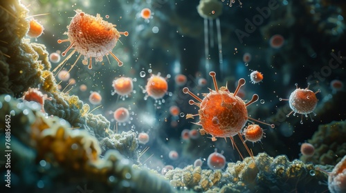 Close-up photography revealing the microscopic world of immune response, as white blood cells engage in a relentless pursuit of bacteria © taelefoto