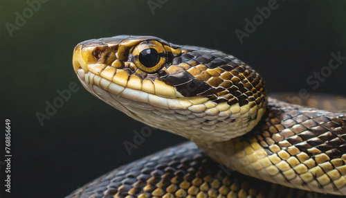 Snake head isolated on a black background with copy space..