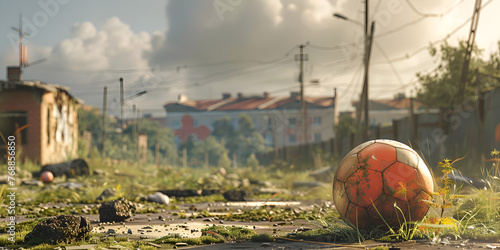 A soccer ball is on the field with some houses in the background. photo