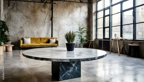 A marble top side table in a trendy loft living space  luxurious urban background texture, modern living room