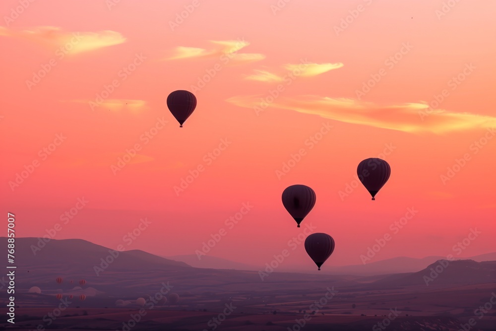 Fototapeta premium multiple balloons taking flight, pinkorange dawn sky