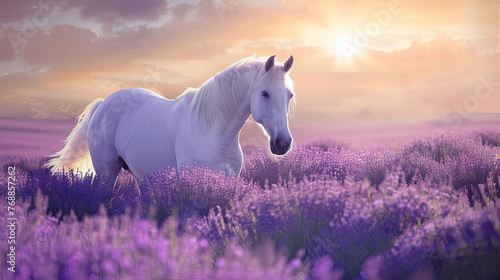 A stunning white horse stands among a lavender field in the rays of the sun at sunset