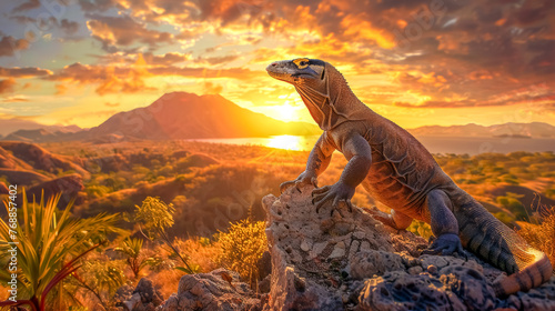 Majestic iguana at sunset scenery