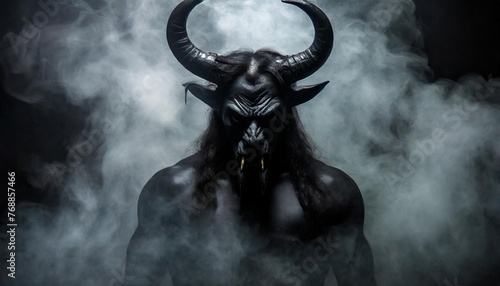Scary black horned demon in black smoke. Spooky monster. Dark background.
