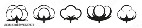 Set of five ripened organic cotton plant icon from drawn black outline. Flat doodle style. Vector illustration.