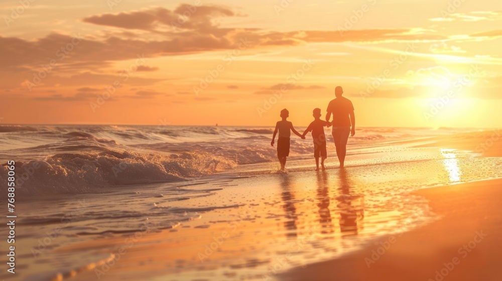 Memories in the Making: With the sun setting on the horizon, casting a warm glow over the beach, the family embraces the magic of the moment, knowing that these cherished memories 