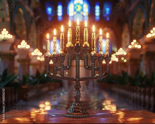 3D illustration of Hanukkah, a menorah with detailed candles, focus on lighting effects