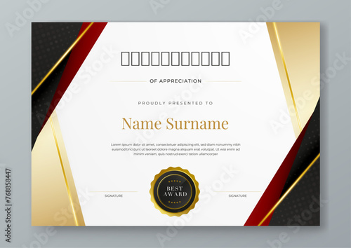 Colorful certificate of appreciation border template with luxury badge and modern line and shapes. Certificate of achievement, awards diploma, education, school
