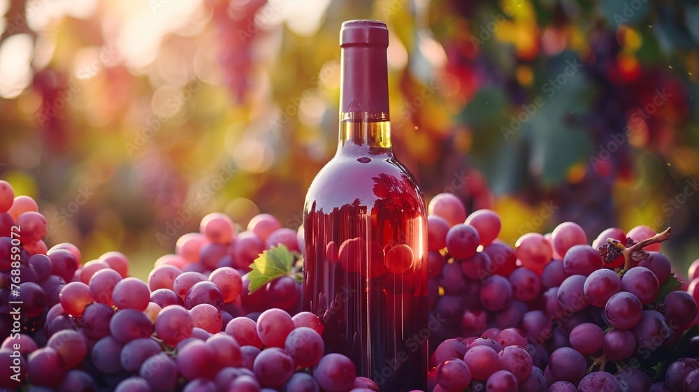 Vibrant grape bunches surrounding an upright wine bottle