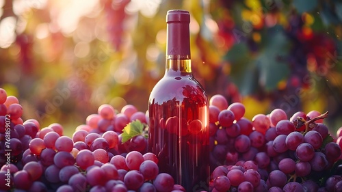 Vibrant grape bunches surrounding an upright wine bottle