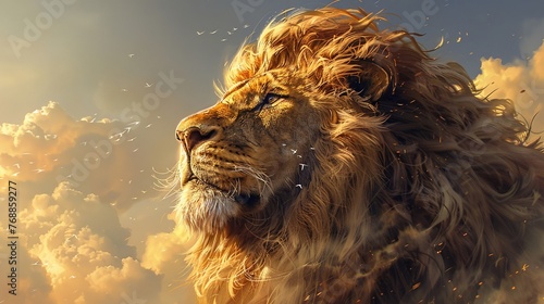 realism illustration, a detailed portrait of a regal lion, majestic mane photo