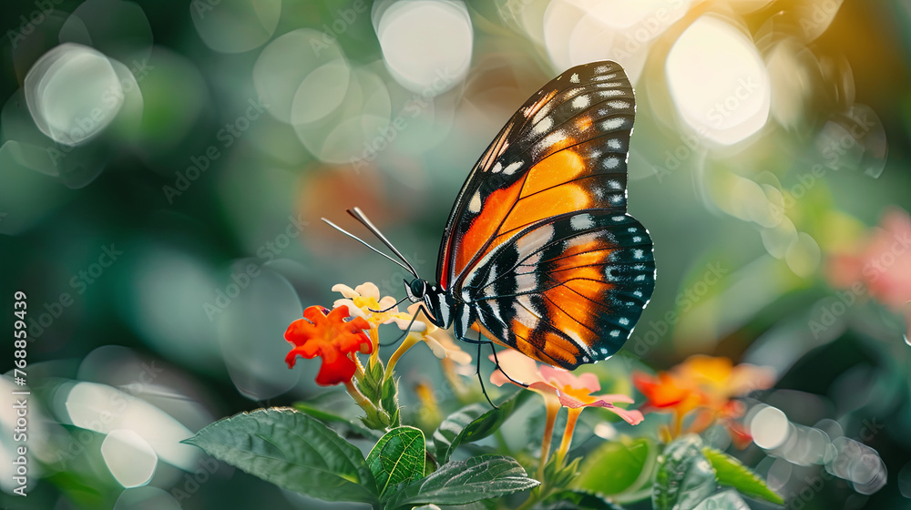 Fototapeta premium Beautiful butterfly gracefully sitting on a flower in a meadow and against a background with bokeh
