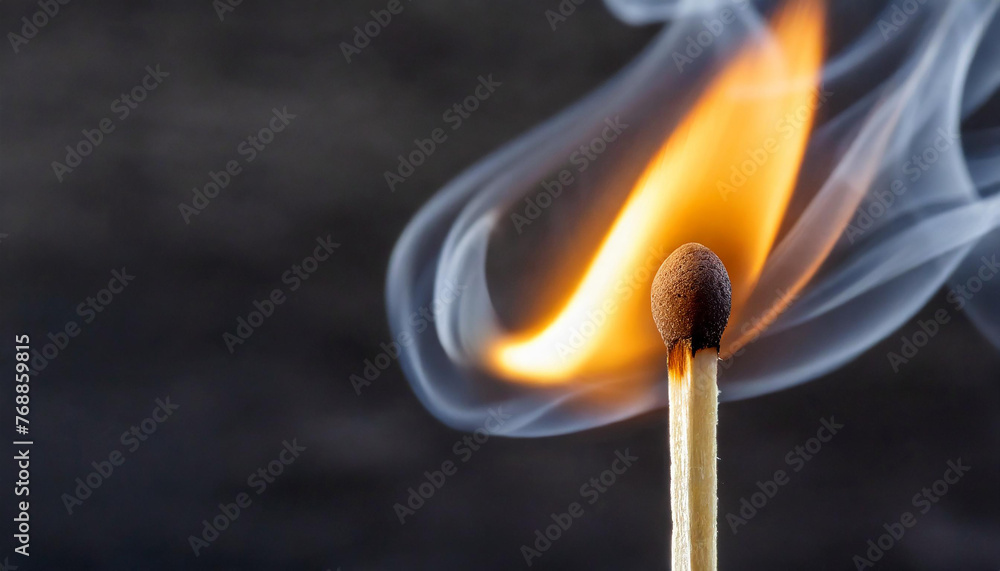 Close-up of burning wooden match on black background. Match head with hot orange flame and smoke. Close-up of burning wooden match on black background. Match head with hot orange flame and smoke.