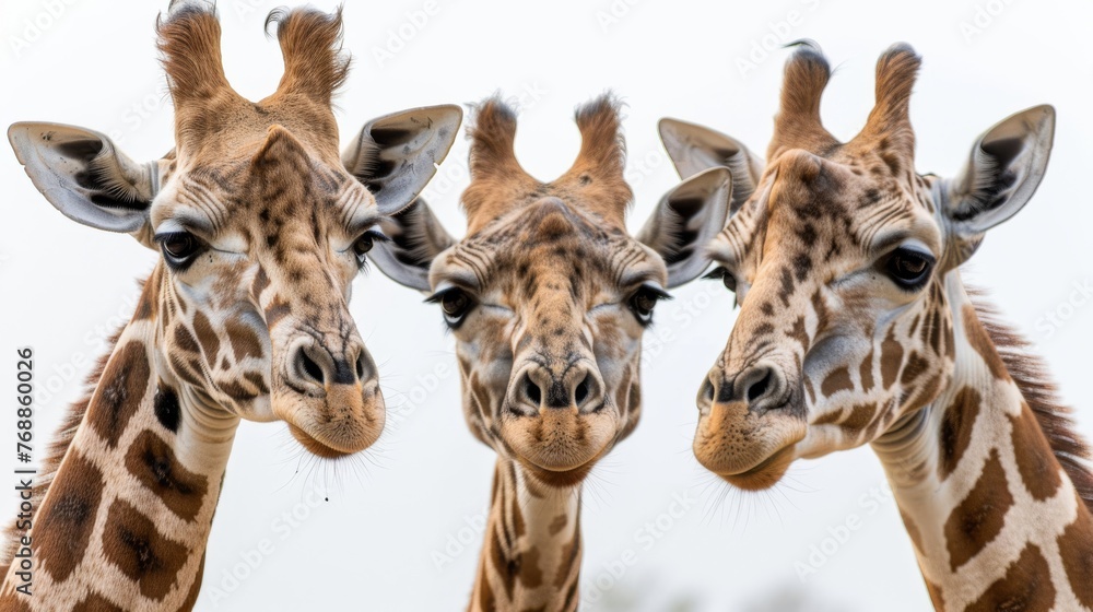 Obraz premium Three giraffes facing forward with curious expressions, set against a clear sky.