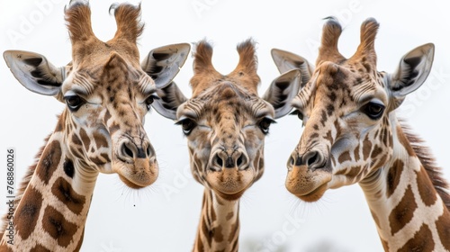 Three giraffes facing forward with curious expressions, set against a clear sky.