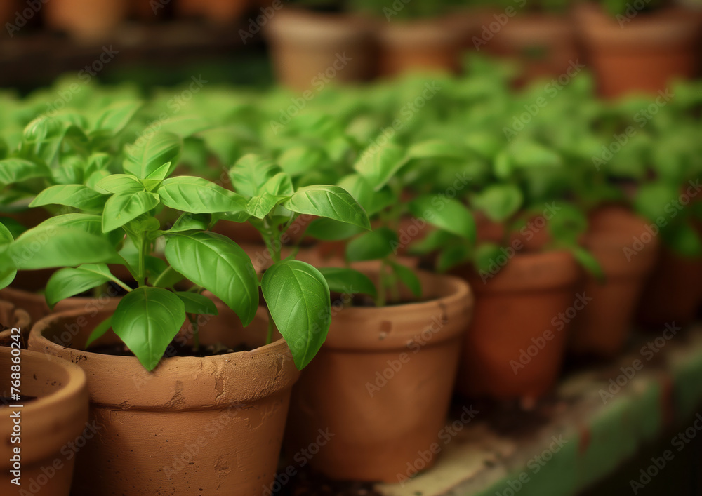 Fototapeta premium clay pots with young sweet basil plants outside, food growing
