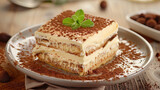 Delectable tiramisu dessert elegantly presented on a white plate, resting on a table in the cozy ambiance of a restaurant