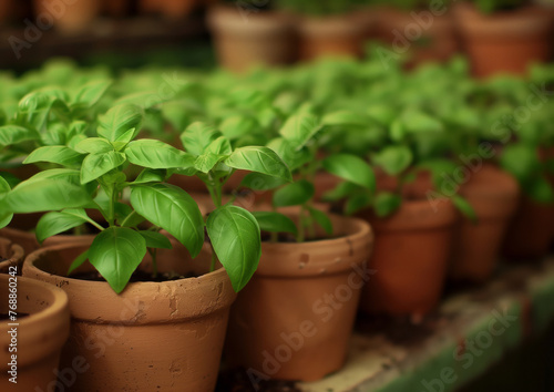 clay pots with young sweet basil plants outside, food growing