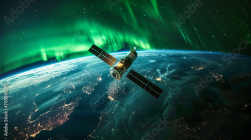 Aurora Borealis and Satellite Over Earth at Night