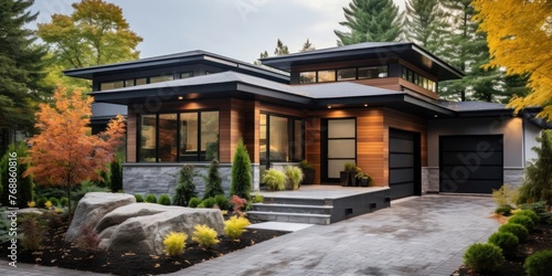 Modern House With Abundant Windows and Landscaping Generative AI