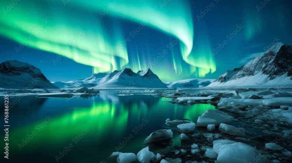 Beautiful glacial lake with northern lights and starry sky