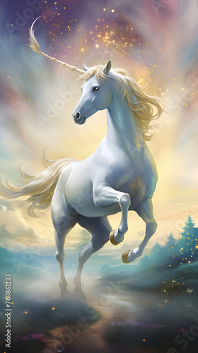 Spellbinding Illustration of a Mystical Unicorn Galloping across Pastel-colored Meadow under a Vibrant Blue Sky © Katie