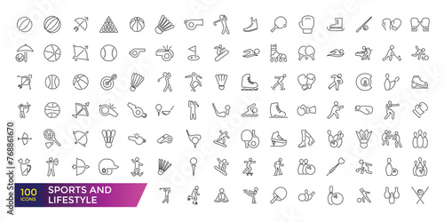 Collection of vector line icons of the sport and lifestyle. Icons of active hobbies, sports equipment. Set of flat signs and symbols.