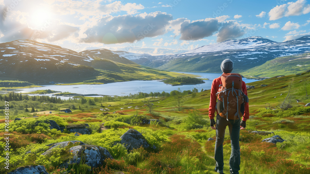 Obraz premium Hiker with backpack admiring a scenic mountain lake view