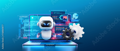 An engaging image of a robot AI assistant offering support, depicted with floating gears and a high-tech laptop interface. Bot with digital tablet near gears and messages. Vector illustration © ZinetroN
