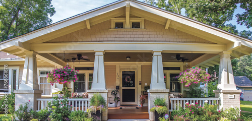 A quaint Craftsman cottage with a covered front porch that is furnished with vintage-inspired décor and hanging flower baskets