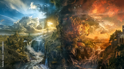Breathtaking panoramic scene blending elements of nature with surreal, dreamlike qualities
