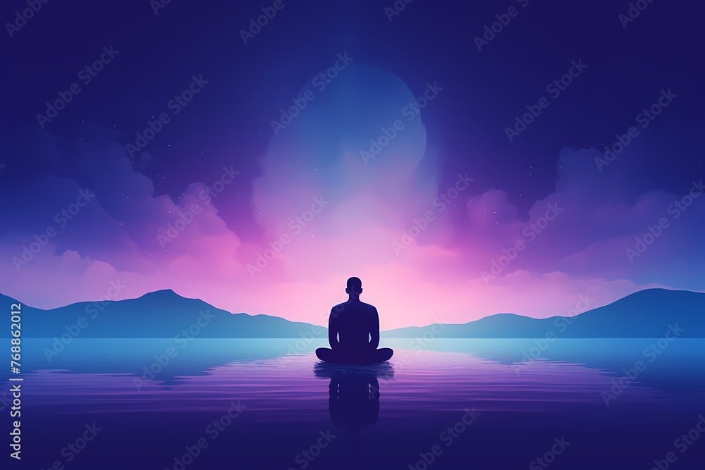 A person meditating in front of a gradient background that blends from deep midnight blue to serene lavender. Their posture radiates tranquility amidst the shifting colors. - obrazy, fototapety, plakaty 