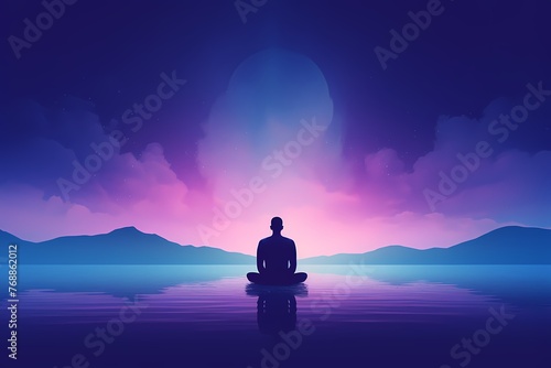 A person meditating in front of a gradient background that blends from deep midnight blue to serene lavender. Their posture radiates tranquility amidst the shifting colors.