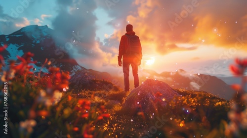 Hiker with backpack admiring a radiant sunrise over mountains