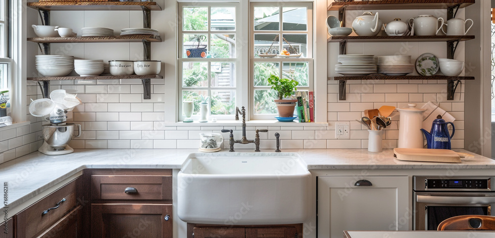 A small, charming Craftsman-style kitchen including an open shelving unit holding vintage dishware, a subway tile backsplash, and a farmhouse sink