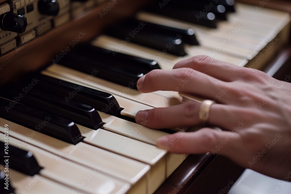 closeup of hands playing organ keys