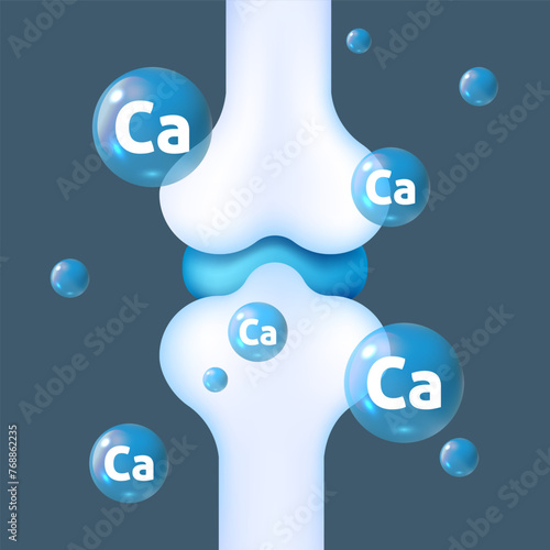 White bone and Calcium Ca. Bone with calcium. Calcium mineral sign. Glossy drop pill capsule. Dietary supplement bone, medical, healthcare concept. Calcium effect, bone strengthening