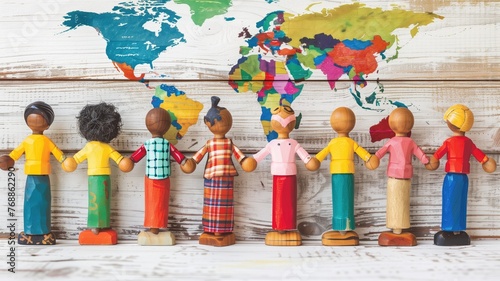 Colorful wooden figures in front of a world map, representing cultural diversity and global unity